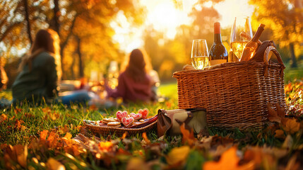 romantic outdoor picnic setup with basket, wine, and cookies, surrounded by autumn leaves