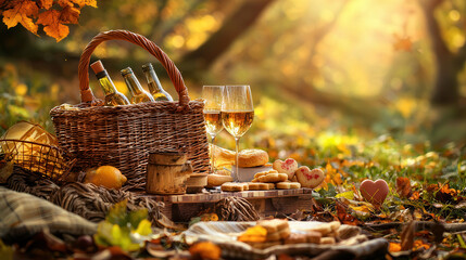 romantic outdoor picnic setup with basket, wine, and delicious treats. warm sunlight creates cozy atmosphere surrounded by autumn leaves