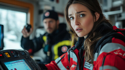 focused paramedic monitoring vital signs in emergency vehicle, showcasing determination and urgency. scene captures intensity of medical response in critical situations