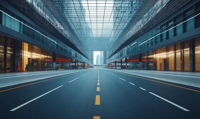 A modern urban street scene with glass buildings and a clear road perspective.