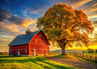 Obraz premium Rustic autumn scene: a red barn nestled amongst vibrant fall foliage, a picturesque rural landscape.