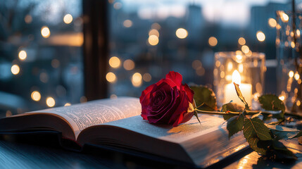 single red rose lying on open book, illuminated by soft candlelight, creates romantic atmosphere