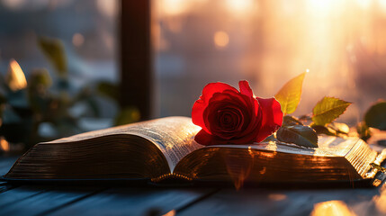 single red rose lies on open book, illuminated by warm sunlight, creating romantic atmosphere