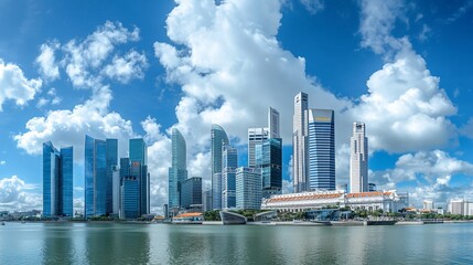 Fototapeta premium A panoramic view of a modern city skyline reflecting on water under a blue sky.