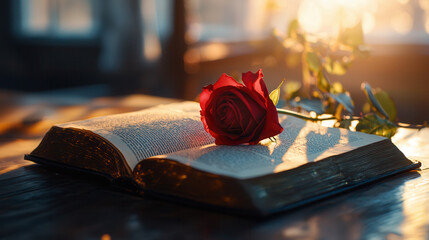 single red rose lying on open book, illuminated by soft sunlight, creates romantic atmosphere