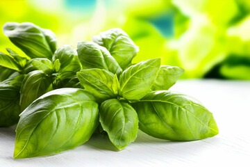 Fresh Green Basil Leaves with Vibrant Background Ideal for Culinary and Gardening Themes