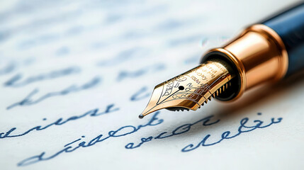 close up of fountain pen resting on handwritten notes, capturing elegance and creativity