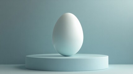 Minimalist White Egg on Pedestal in Soft Blue Background