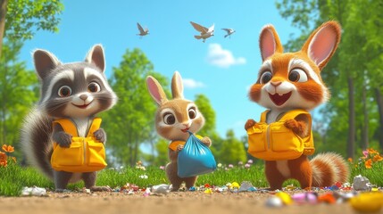 Naklejka premium Adorable cartoon animals cleaning up nature in a vibrant landscape