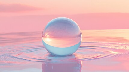 Glass Sphere on Calm Water Surface with Soft Pastel Sunset Colors