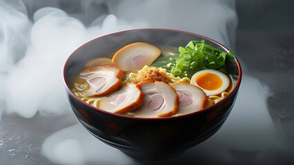 Delicious and steaming bowl of ramen noodles with chashu pork, soft boiled egg, and scallions.  Japanese cuisine, food photography.