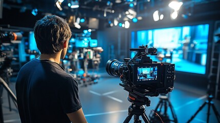 A person operates a camera in a professional studio setting.