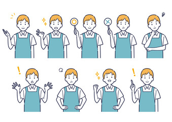 エプロンを着た男性の表情バリエーションセット＿イラスト