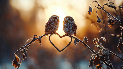 Whimsical drawing of two owls perched on heart shaped branch, symbolizing love and connection in serene sunset