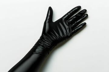 Obraz premium Black Latex Glove on White Surface Ready for Medical or Cosmetic Use in Healthcare and Beauty Settings