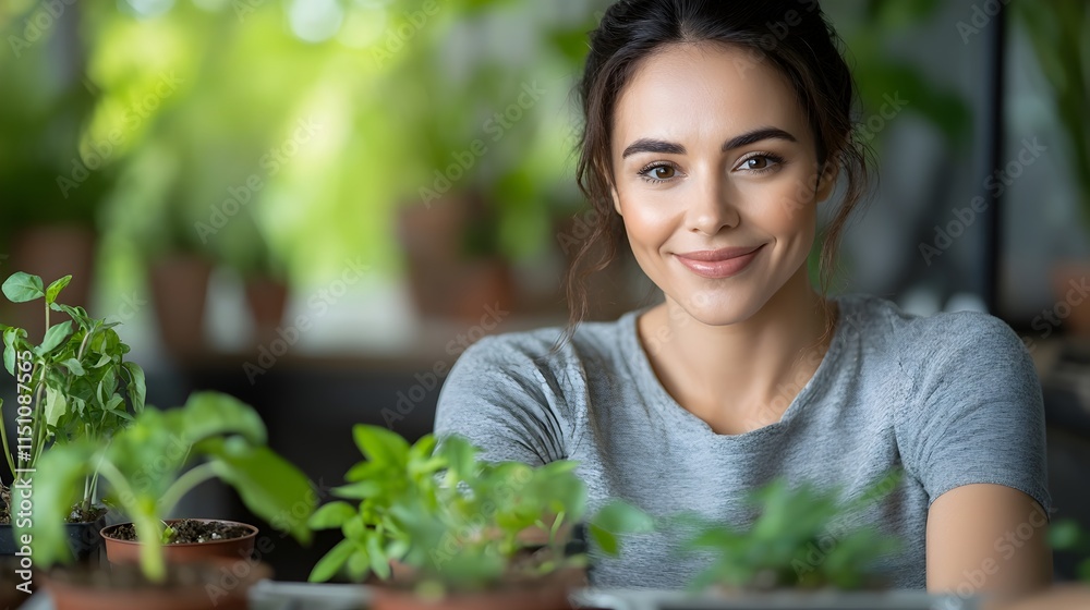 Poster Woman programming a smart greenhouse system to automate the watering and temperature regulation for indoor plants using a digital device and interface for efficient plant care and cultivation
