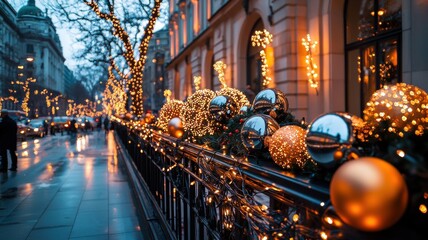 Magical street view adorned with festive lights and ornaments.