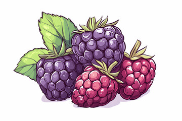 Fresh and Juicy Raspberries and Blackberries with Green Leaves on a White Background