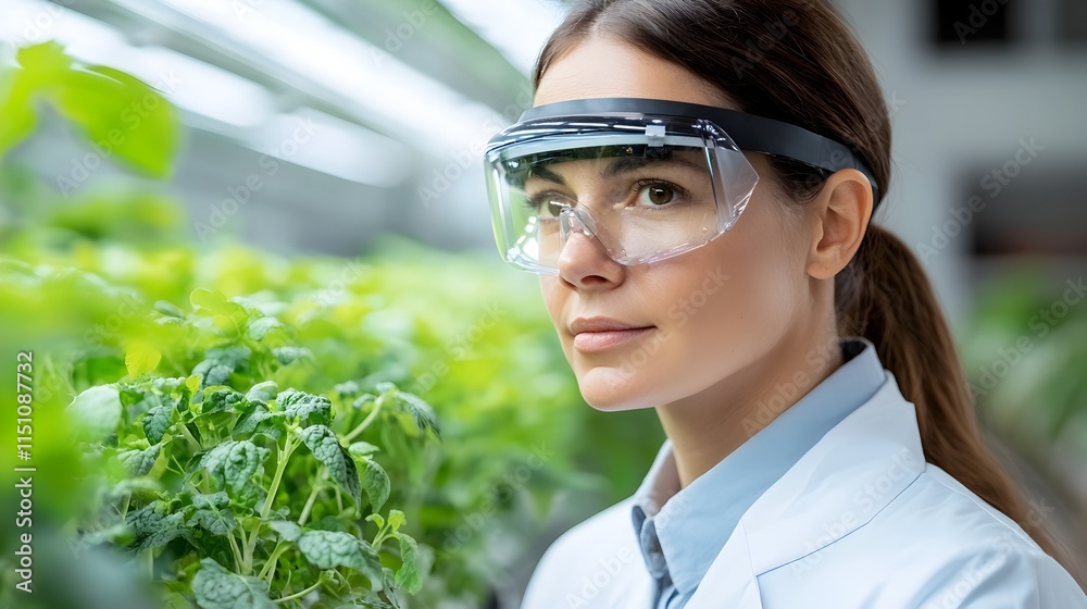 Poster female scientist utilizing advanced smart technology to enhance and automate greenhouse plant growth