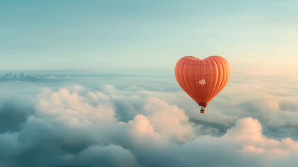 Obraz premium heart shaped hot air balloon floats above fluffy clouds, creating whimsical scene