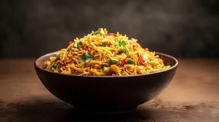 Photorealistic Side View of Delicious Chinese Bhel in a Bowl with Colorful Vegetables and Aromatic Spices