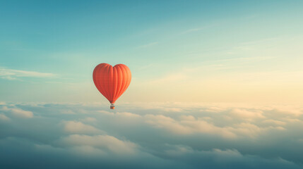 Obraz premium whimsical scene of heart shaped hot air balloon floating above fluffy clouds, evoking sense of adventure and romance