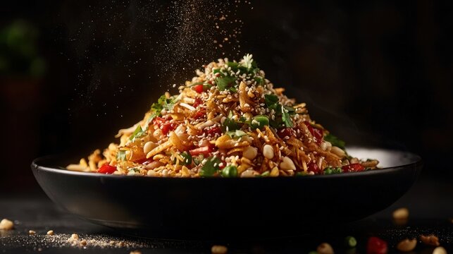 Photorealistic Side View of Delicious Chinese Bhel Creation with Fresh Ingredients and Spices