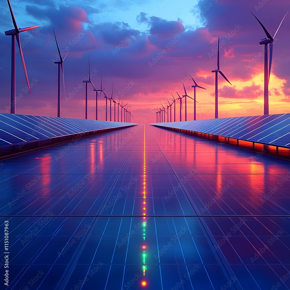 Poster cutting edge renewable energy solutions powering a smart grid with efficient solar panel arrays and 