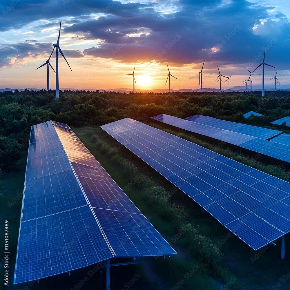 Poster Cutting edge renewable energy solutions powering a smart grid with efficient solar panel arrays and wind turbines representing a dynamic and futuristic vision of clean
