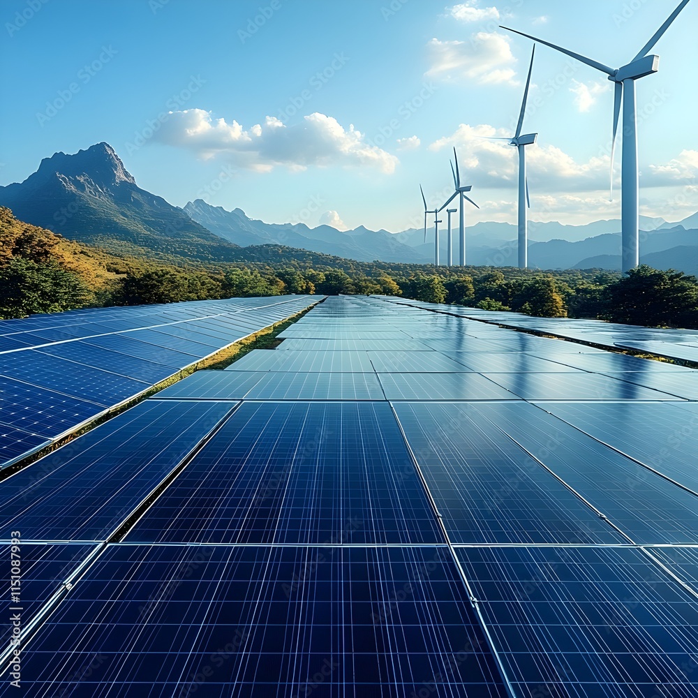 Poster Efficient solar panel arrays and wind turbines working in harmony to power a smart grid representing cutting edge renewable energy solutions with a dynamic and futuristic advanced technology