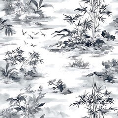 Monochrome Watercolor Painting of Birds and Bamboo