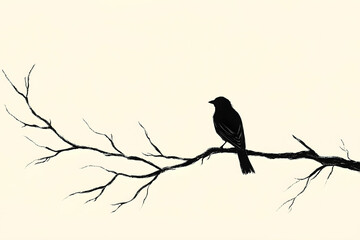 Silhouette of a Bird Sitting on a Bare Branch Against a Soft Cream Background