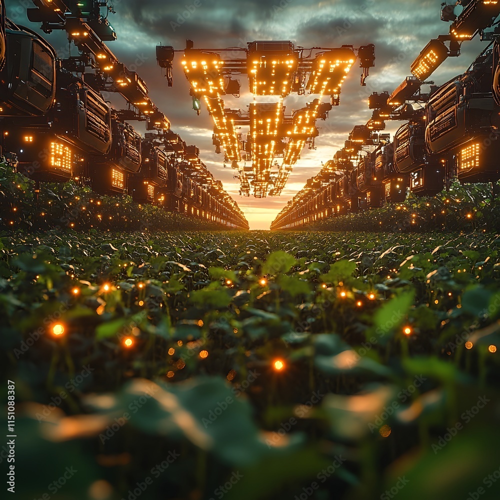 Aufkleber Aerial view of a lush verdant soybean crop field with a lattice of illuminated digital nodes drifting above