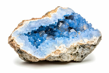 Fototapeta premium Glimmering Blue Geode with Sparkling Quartz Crystals and Intricate Inner Patterns on White Background