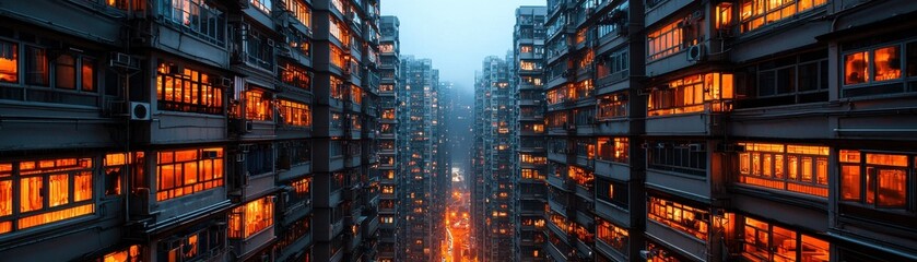 Obraz premium Night view of urban buildings illuminated by warm light.