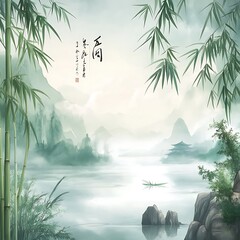 Serene Bamboo Landscape With Misty Mountains And Pagoda