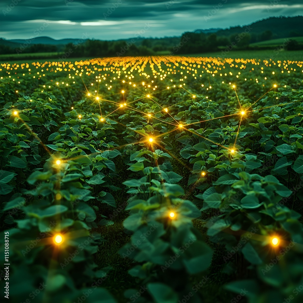 Poster drone s eye view of a soybean plantation revealing a captivating pattern of glowing data points susp