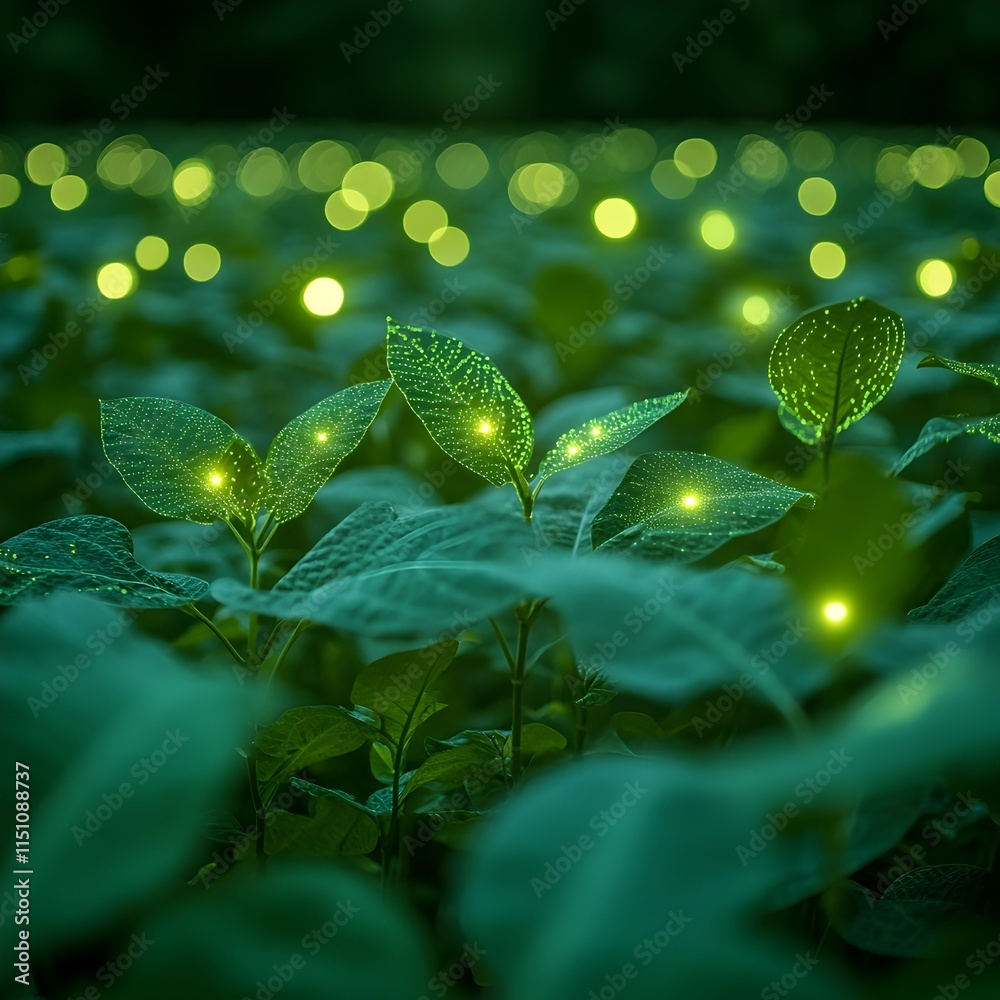 Aufkleber Lush green soybean field stretching out to the horizon adorned with a mesmerizing array of luminescent data points that signify the future of advanced agricultural technology precision sensors