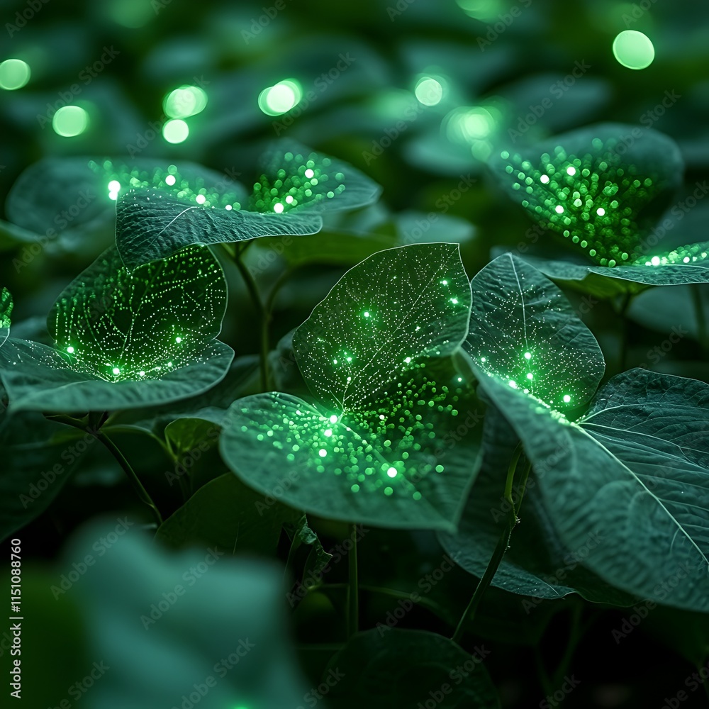 Poster Lush green soybean plants stretching out to the horizon adorned with a mesmerizing array of luminescent data points signifying the future of smart farming and advanced agricultural technology
