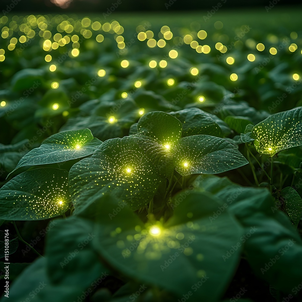 Aufkleber Lush green soybean plants stretching out to the horizon adorned with a mesmerizing array of luminescent data points