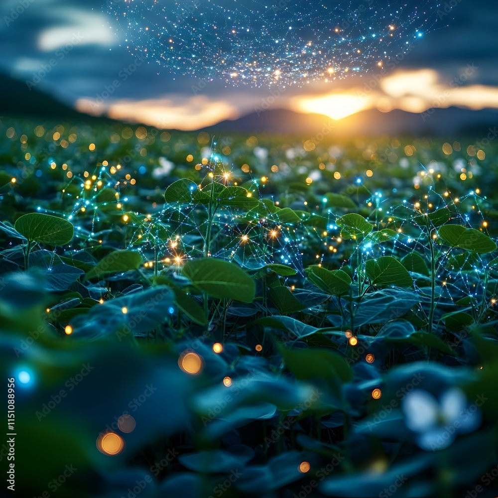 Poster Captivating Convergence Lush Soybean Field in Full Bloom with a Mesmerizing Network of Shimmering Data Points Dancing Overhead Showcasing the Harmony between Nature and Technology