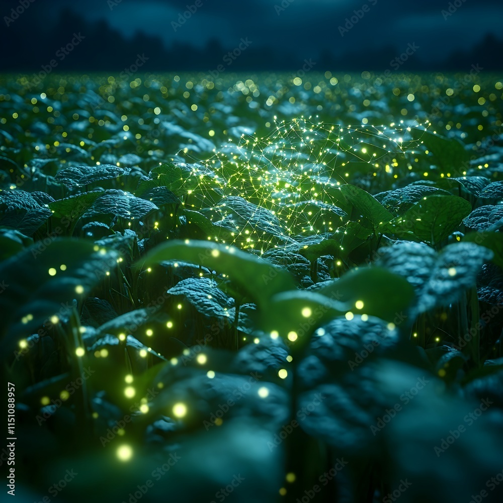 Aufkleber Expansive soybean field awash in vibrant greens and whites adorned with a mesmerizing array of glowing data points weaving through the air
