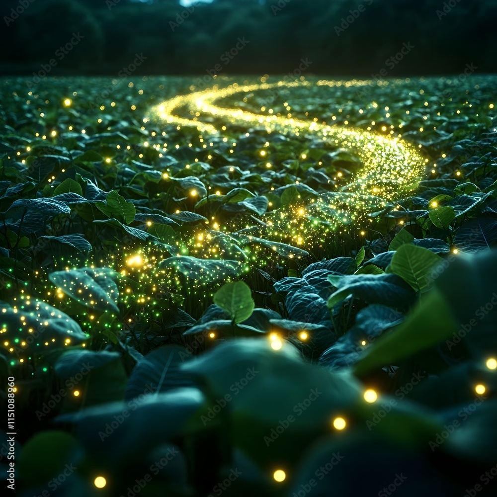 Aufkleber Expansive soybean field awash in vibrant greens and whites adorned with a mesmerizing array of glowing data points weaving through the air