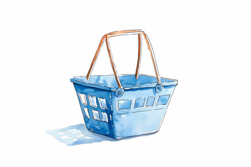 Blue Shopping Basket with Orange Handles, Simple Design, Watercolor Style, Isolated on White Background for Marketing and Retail Use
