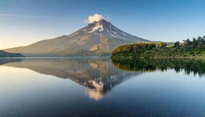 Fototapeta premium Volcanic mountain in morning light reflected in calm waters of lake