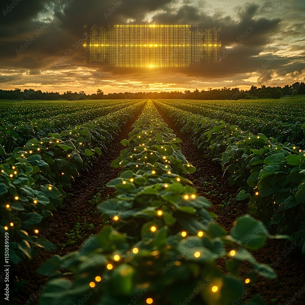 Poster Sweeping cinematic shot of a thriving soybean farm lush and verdant with rows of healthy plants a luminous grid of data points hovering above the landscape