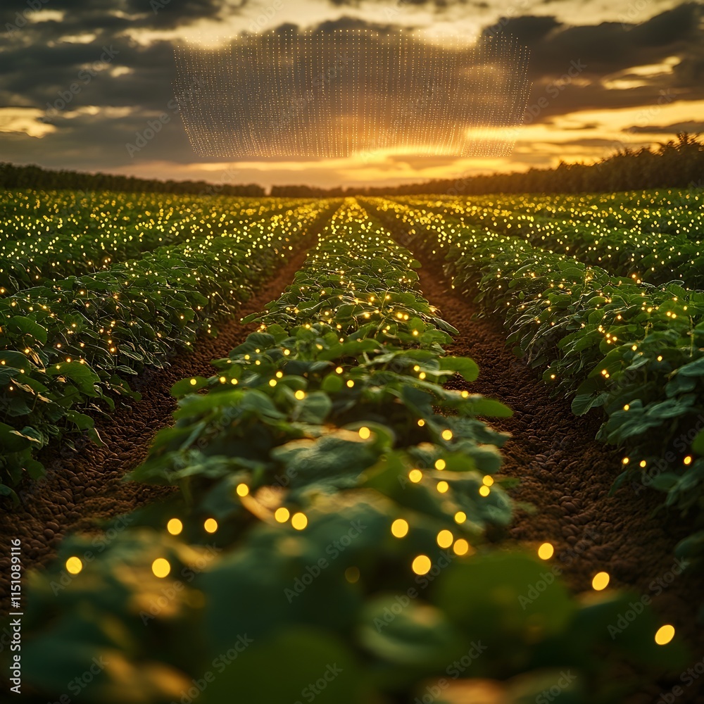 Poster Sweeping cinematic view of a lush verdant soybean farm with rows of thriving plants accented by a luminous grid of data points hovering above