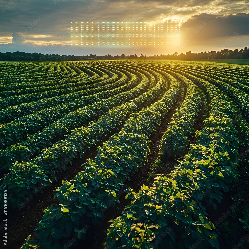 Fototapete sweeping aerial view of a lush verdant soybean farm with rows of thriving plants accented by a lumin
