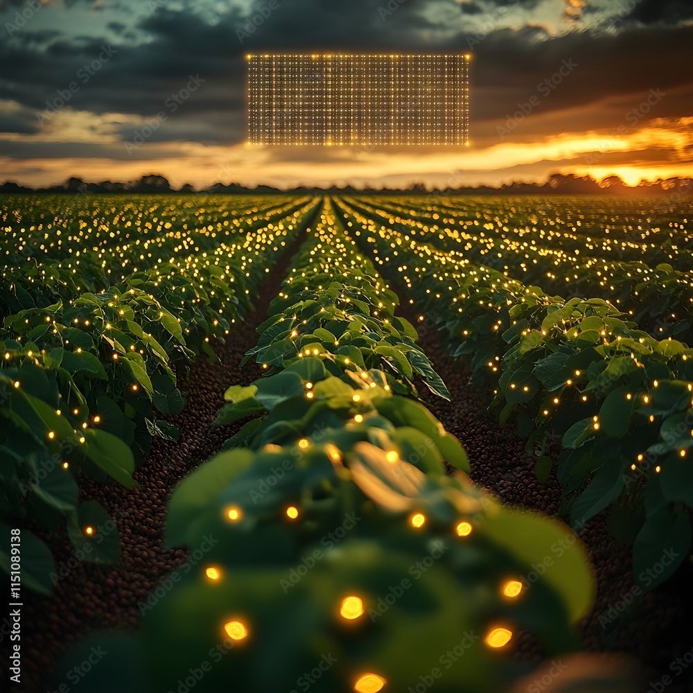 Poster Sweeping shot of a lush verdant soybean farm with rows of thriving plants a luminous grid of data points hovering above hinting at the power of precision farming in a cinematic
