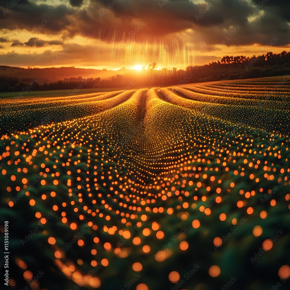 Poster Soybean field bathed in golden hour light with a hypnotic display of luminous data particles gracefully undulating above merging the natural and technological in an impressionistic